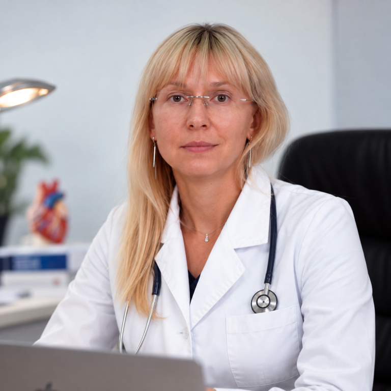 Mariia Cherska, cardiologist, wearing a white medical coat, glasses and a stethoscope.